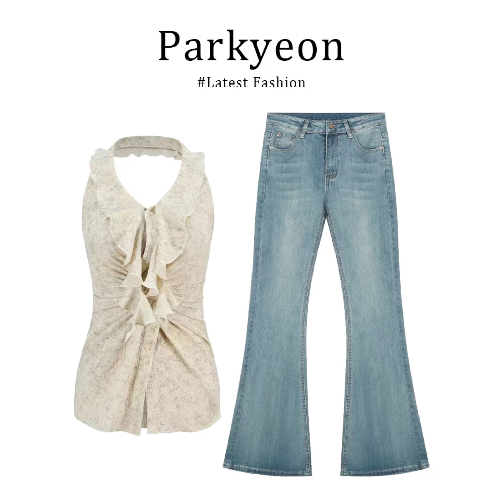 夏季新款修身显瘦无袖上衣搭配慵懒风直筒牛仔裤两件套