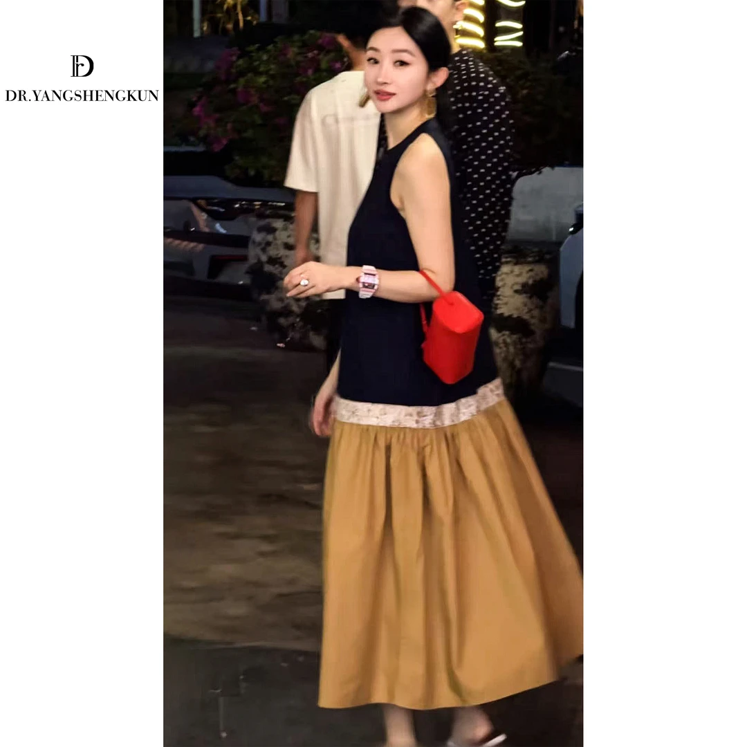 杨圣坤法式复古撞色无袖连衣裙小众千金贵气名媛风女装SW2542436