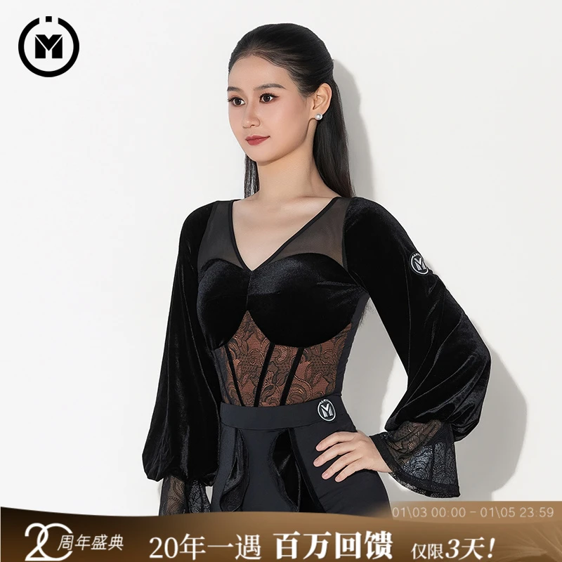 IAMYC摩登舞交谊舞新款秋冬前后V领撞丝绒泡泡长袖连体衣B10178