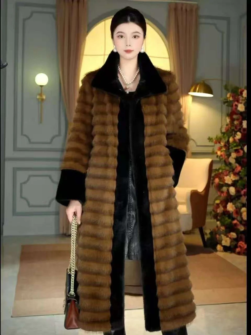 25冬长款龙猫厚款轻奢女装条纹宽袖拼接女装