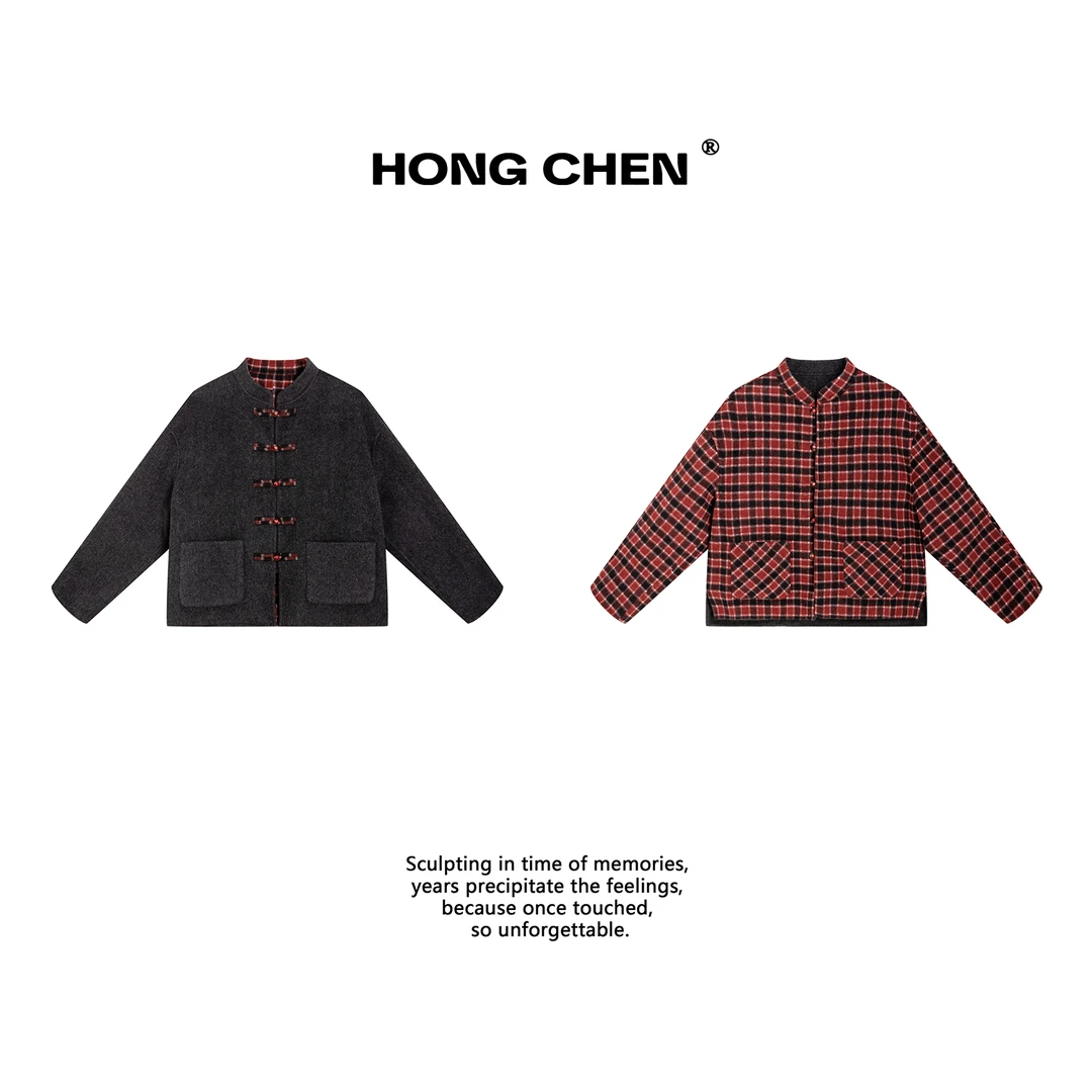 【虹辰】高端时尚进口绵羊毛复古百搭高级感双面穿格子外套--HC2852