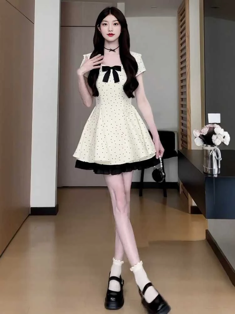 大码胖mm女装蝴蝶结波点裙娃娃领a字裙夏季显瘦掐腰短袖连衣裙子