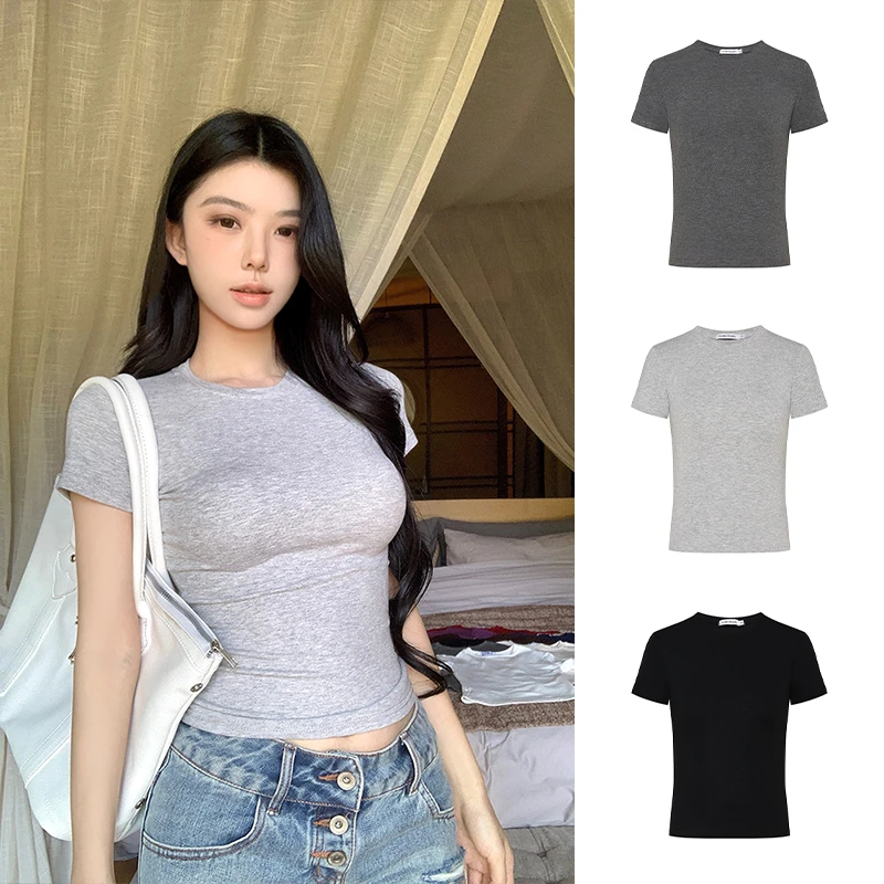 Moses Queen/魔西女王 显身材掐腰正肩T恤女夏季修身显瘦圆领上衣