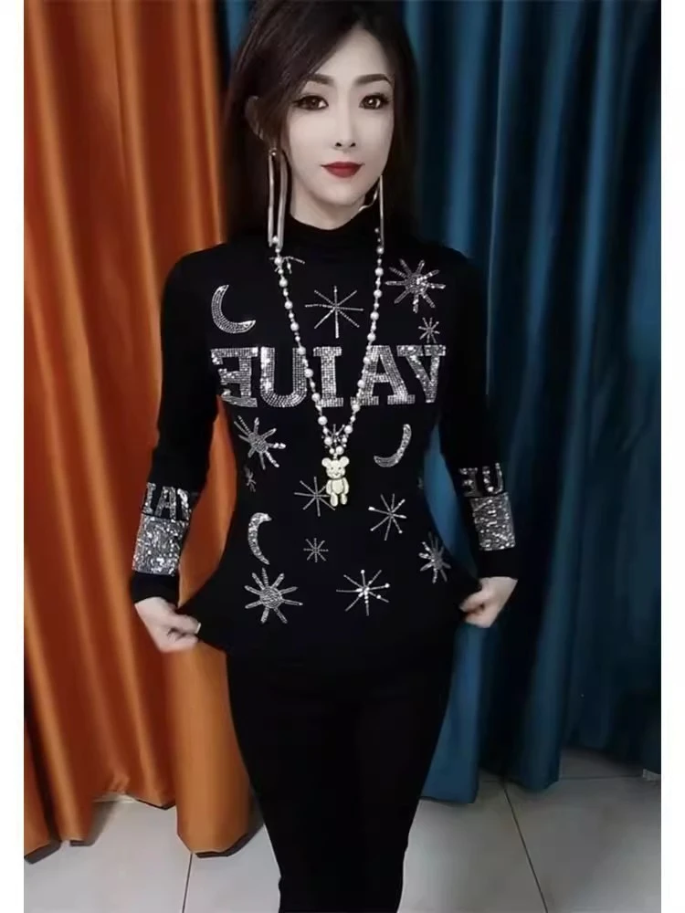 时尚爆款女T恤2026秋冬季新款AB面高温烫钻修身高弹洋气百搭小衫