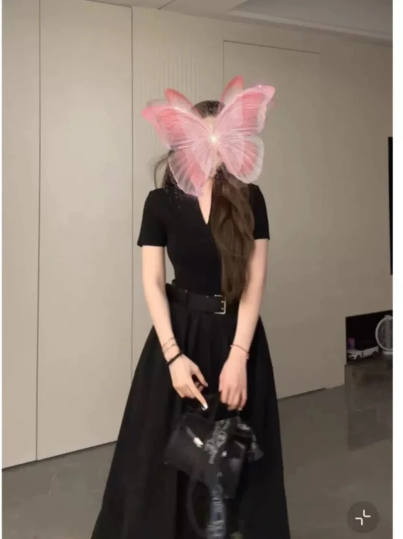 大码法式微胖休闲连衣裙女夏季赫本风气质小黑裙胖MM遮肚显瘦裙子