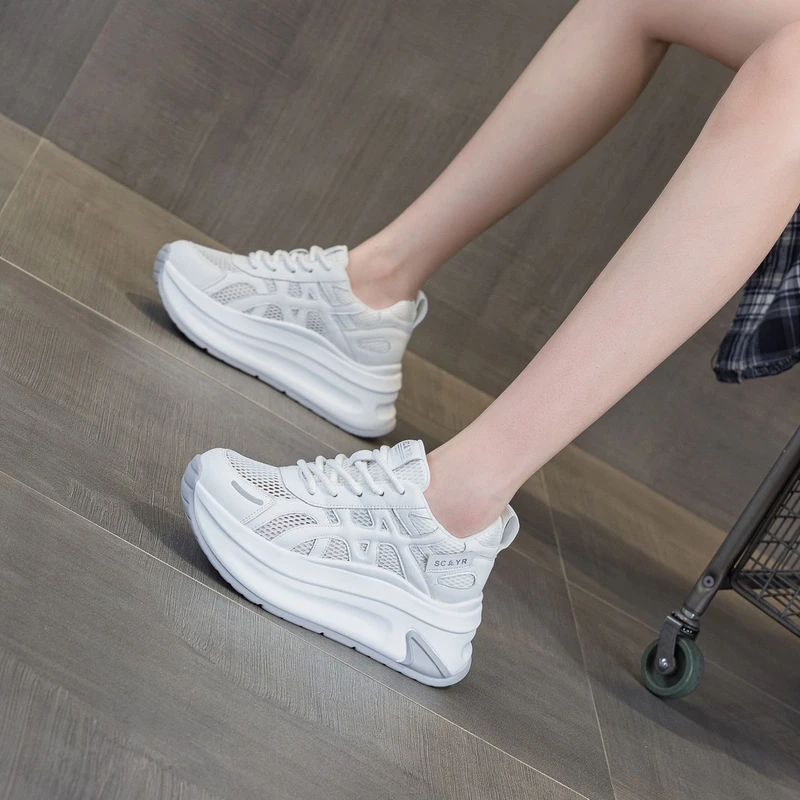 万达撤柜头层牛皮7cm运动网面鞋女秋季款透气镂空百搭休闲鞋松糕.