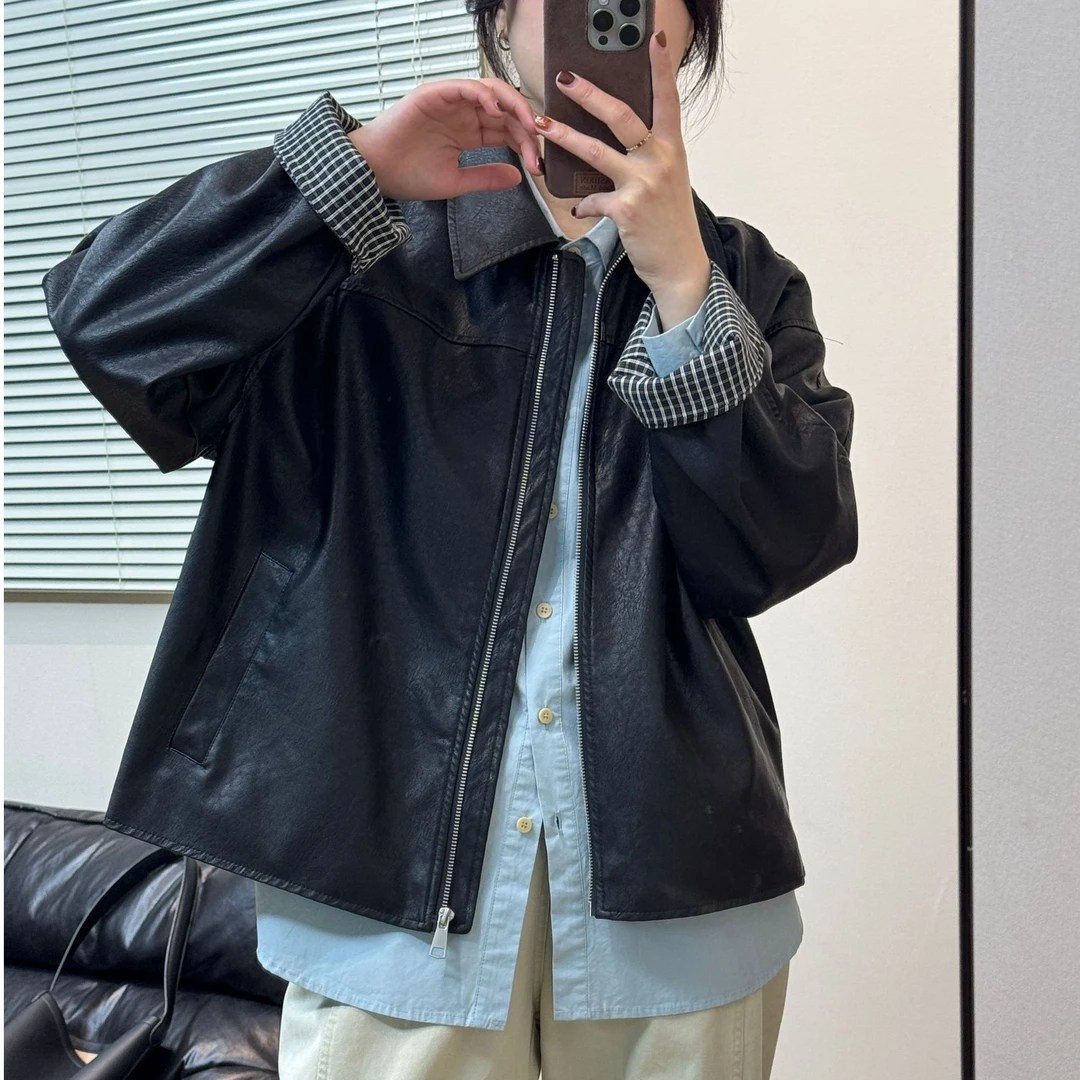 法式短款皮衣外套女春秋小个子2025新款百搭复古宽松休闲PU皮夹克