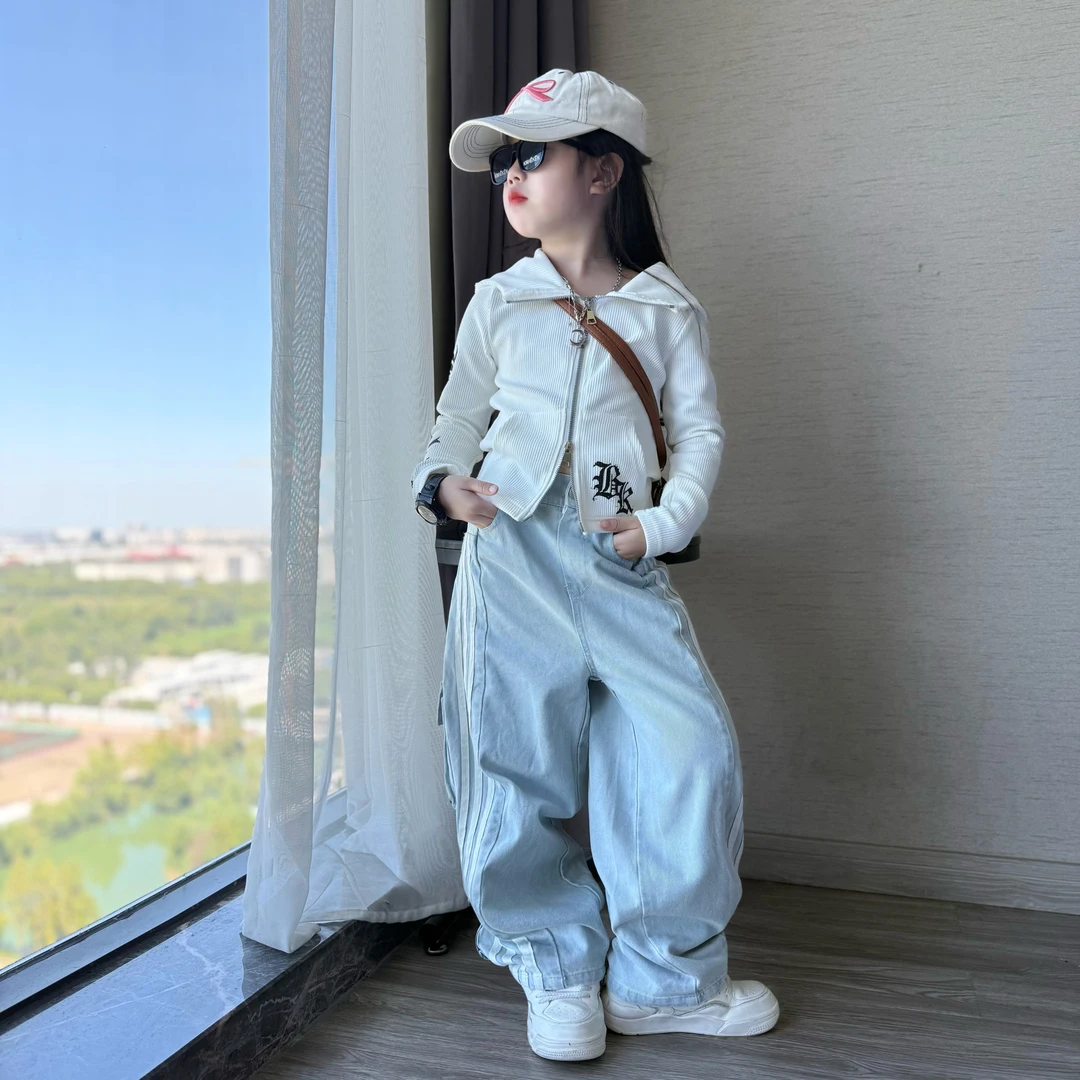 女童秋季韩版连帽针织棉开衫上衣中大童潮酷休闲风工装牛仔裤