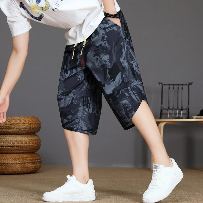 男士七分裤潮牌2025夏季休闲哈伦裤薄款大码短裤宽松中裤沙滩马裤
