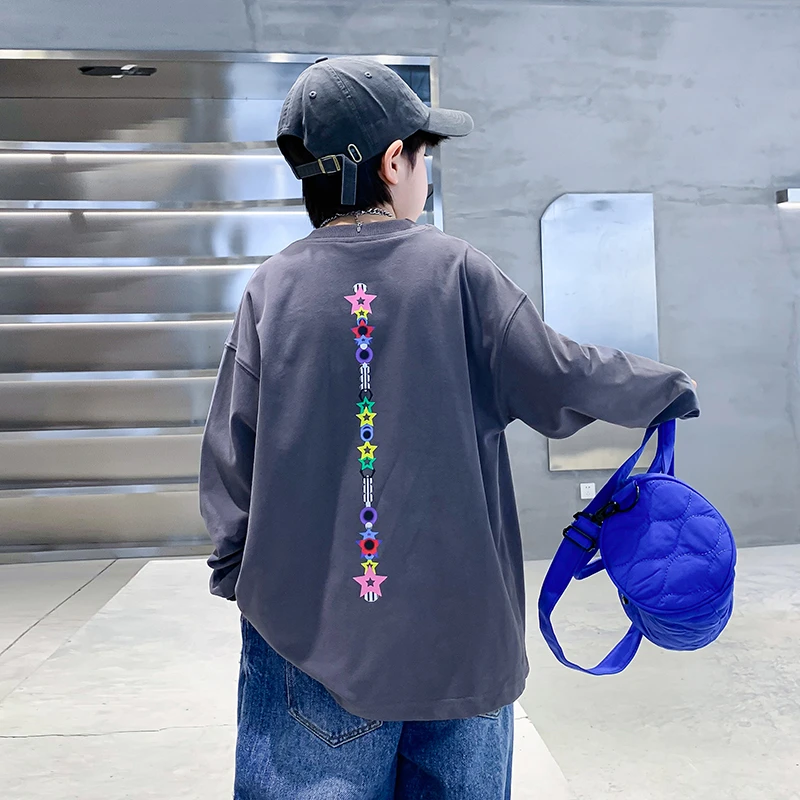 男童春秋季时尚帅气长袖T恤2025新款中大童潮流百搭上衣3429