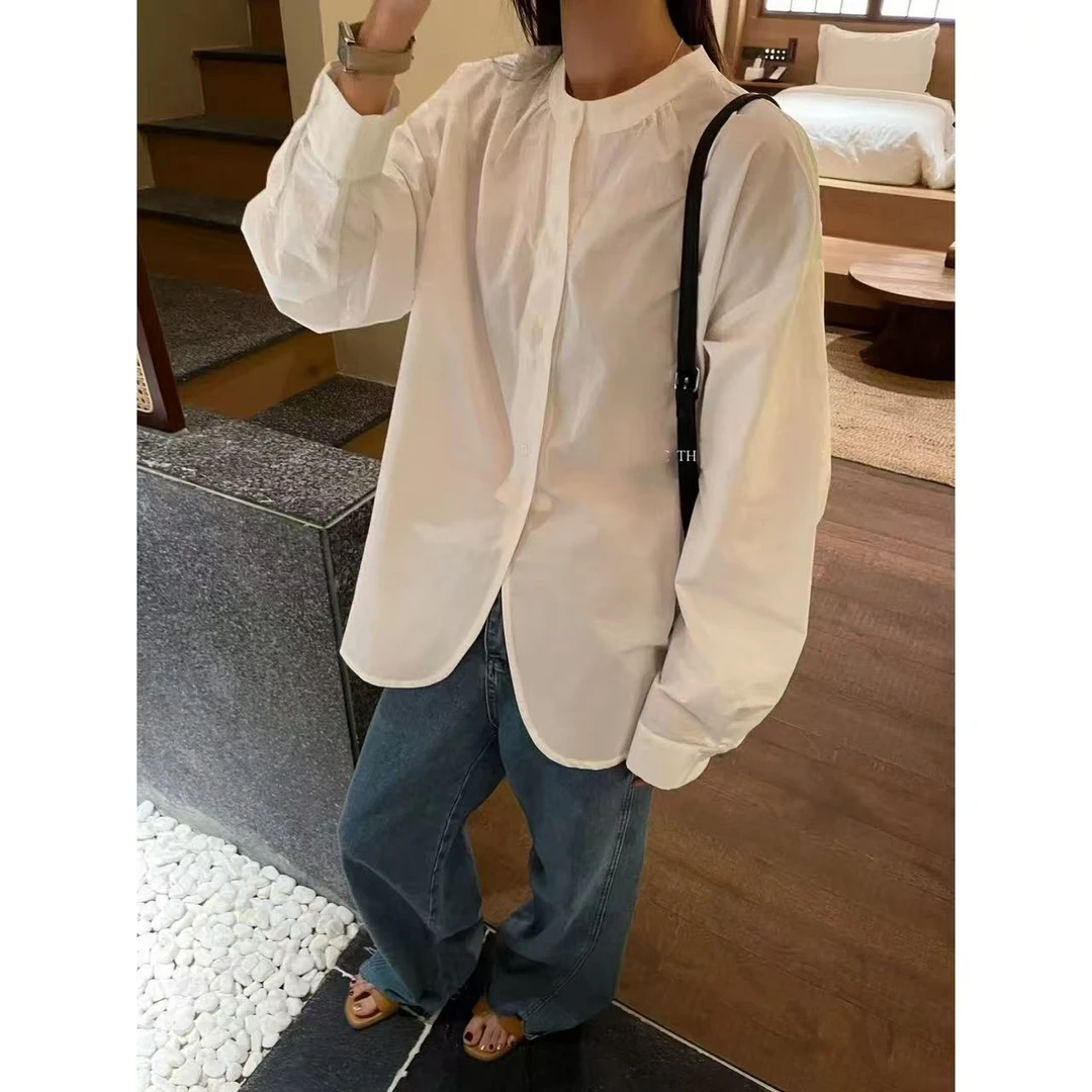 木卡家 韩国风时尚休闲百搭宽松白色长袖衬衫1