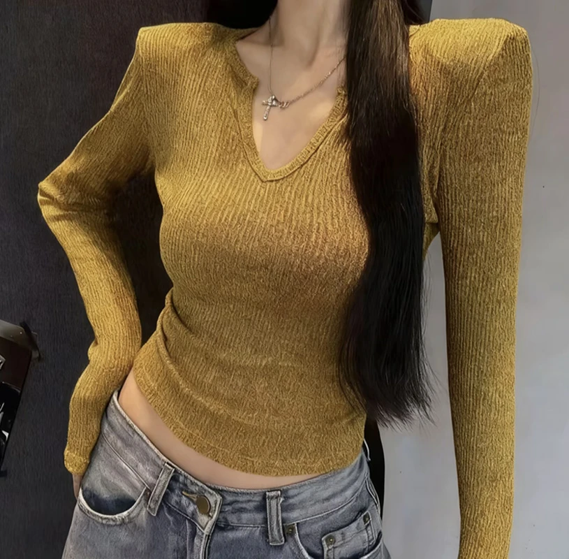 2025秋冬新款韩版V领纯色长袖女士T恤修身显瘦时尚洋气打底衫上衣