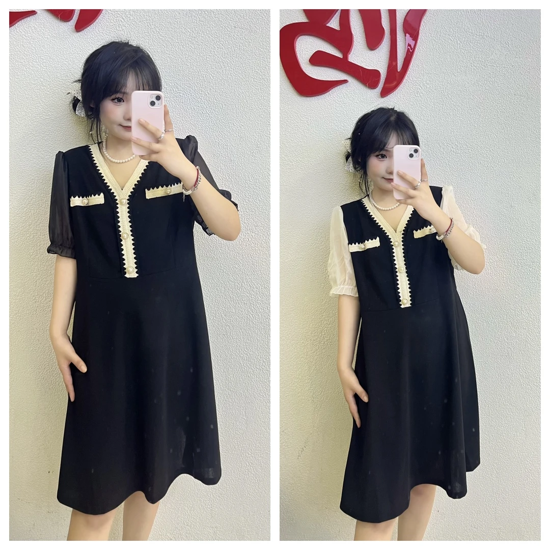 3831小香风拼接纱袖连衣裙