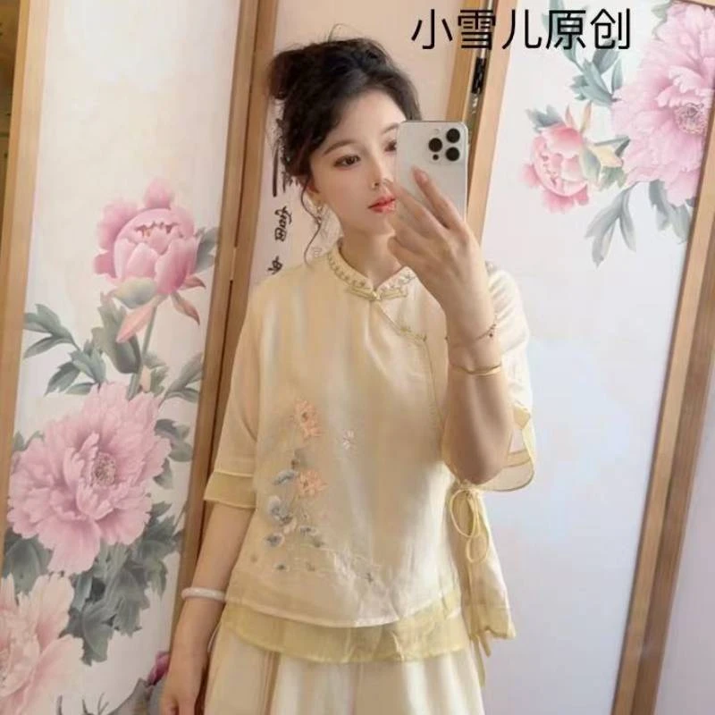 国风中式刺绣斜襟系带立领衬衫女2025夏季百搭时尚新款女士上衣