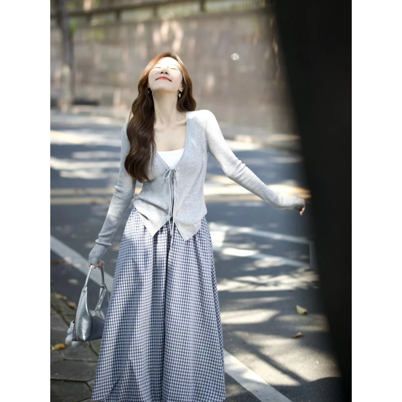 MARIE.COCO早秋季清冷系女装套装慵懒风针织开衫女百搭格纹半身裙