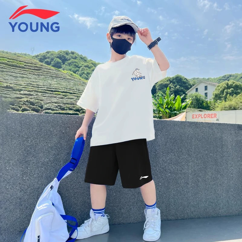 李宁男童潮流短袖套装2025夏季新款儿童速干运动短裤纯棉透气T恤