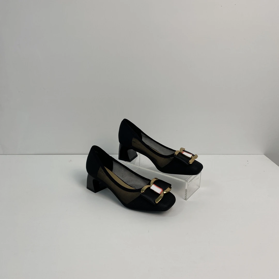 505春秋新款时尚冰丝网面方头粗跟单鞋F