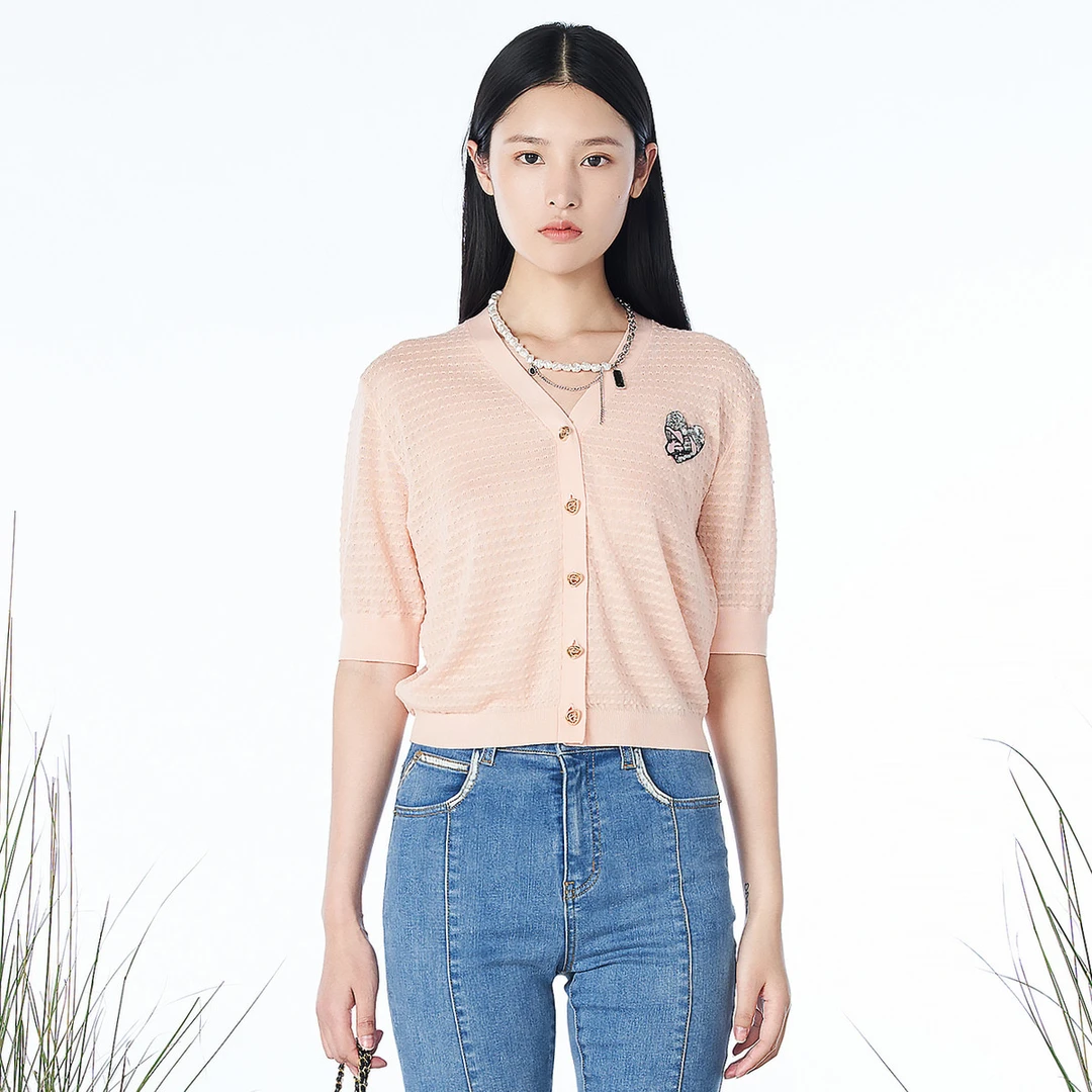 Migaino曼娅奴简约针织衫女年夏季新款V领设计感开衫短袖上衣