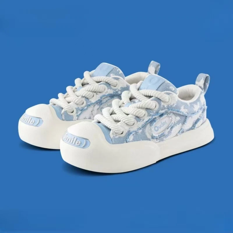 A1010低帮帆布鞋开口笑可爱风通用春季厚款系带网面运动