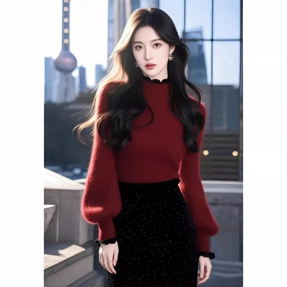 新年氛围感洋气灯笼袖针织衫女秋冬装气质内搭半高领打底红色毛衣