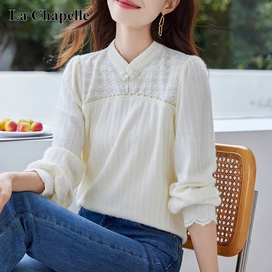 拉夏贝尔2025年秋冬爆款加厚蕾丝打底衫女装高级气质温柔百搭衬衫