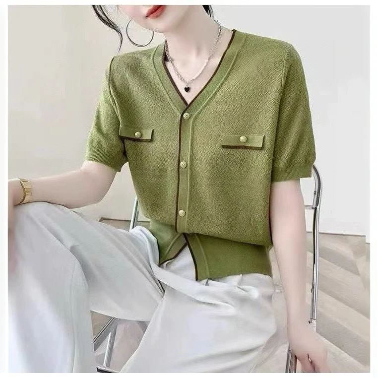 夏季V领针织开衫薄款柔软透气短袖上衣T恤小香风短袖上衣