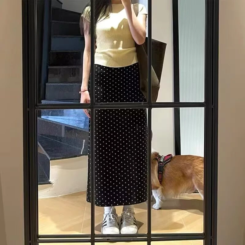 【茶芙巷】黑色波点半身裙女秋季梨形身材遮肚显瘦a字裙【YLL】