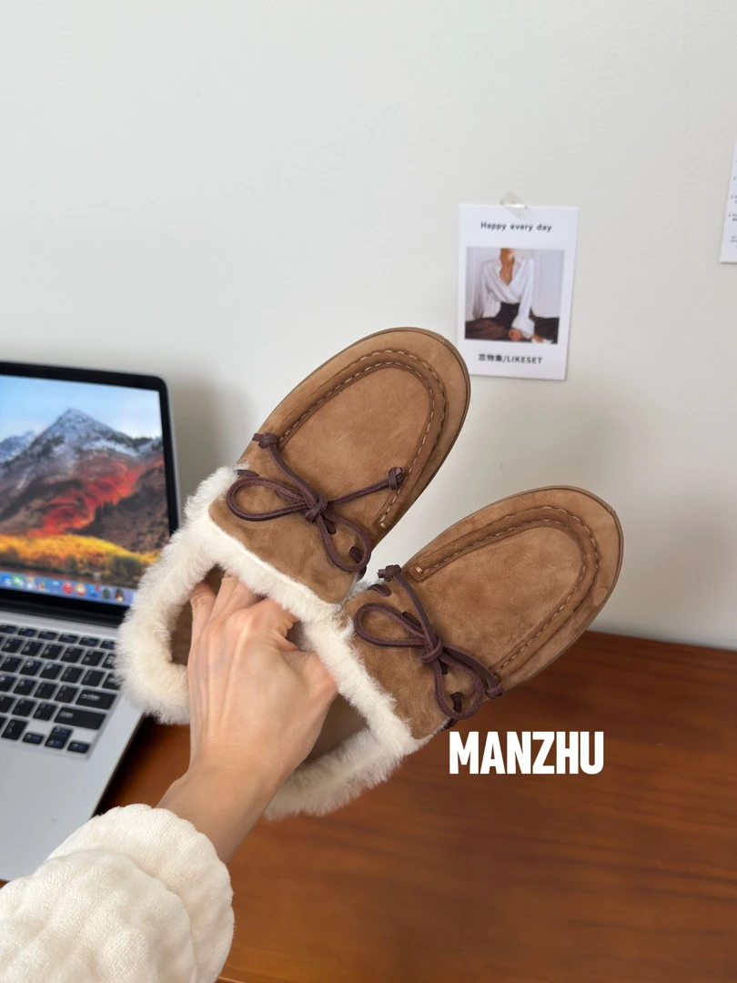 JIELA.冬季老钱风棕色豆豆鞋真皮加绒意式乐福鞋雪地鞋S251019
