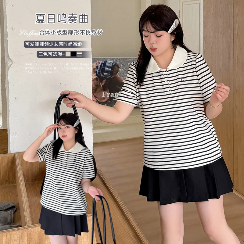 2025夏季新款娃娃领简约短T恤女大码胖mm清新减龄百搭上衣142051