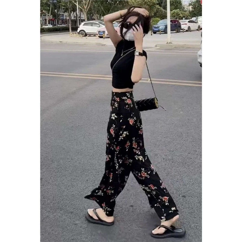 2025夏季美式高级修身显瘦短款上衣+高腰垂感碎花阔腿裤两件套装