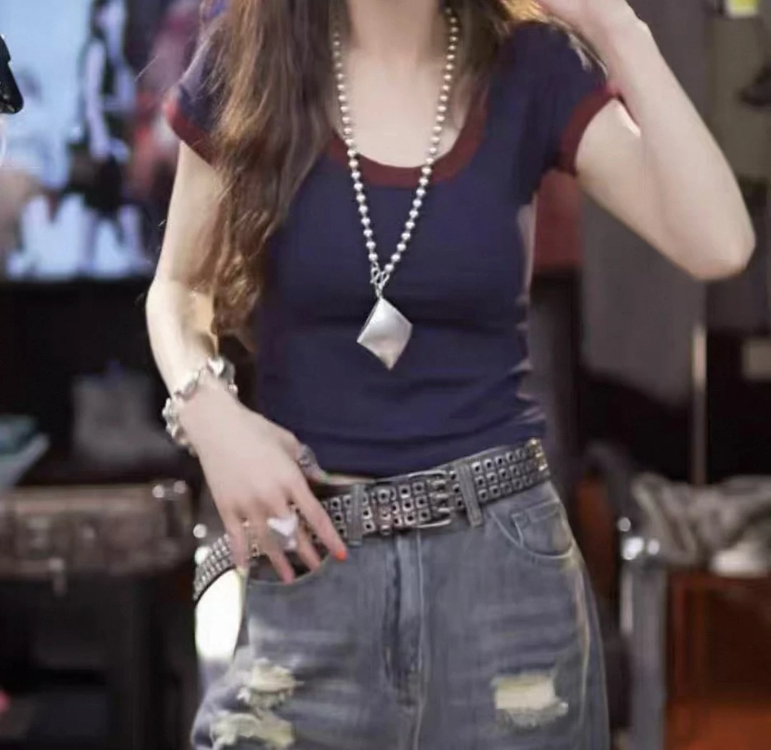 夏季新款女士上衣短袖拼色欧式U领T恤小众爆款小衫时尚简约女9001