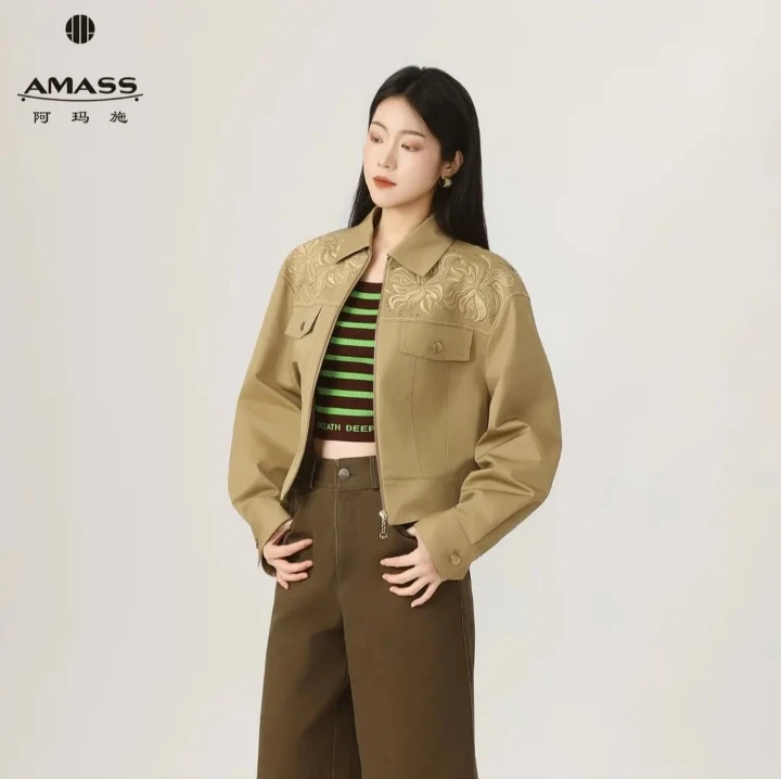 AMASS秋翻领女钉珠秋季插肩袖短外套设计感气质设计师水洗