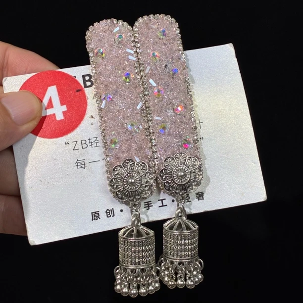 weixiang/薇香004银色短流苏浅粉色原创流苏重工发夹