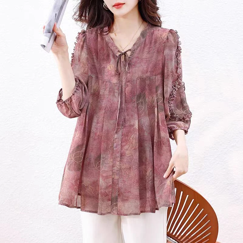 大码女装夏季碎花宽松显瘦遮肚子雪纺衫木耳边T恤粉色七分袖上衣