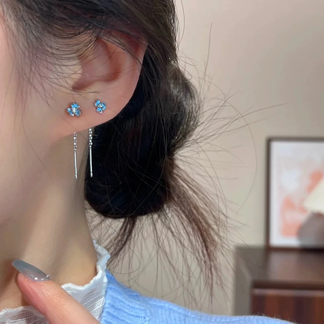 铜合金耳饰 蓝色鸢尾花耳线女气质流苏耳环2025年新款小清新耳饰