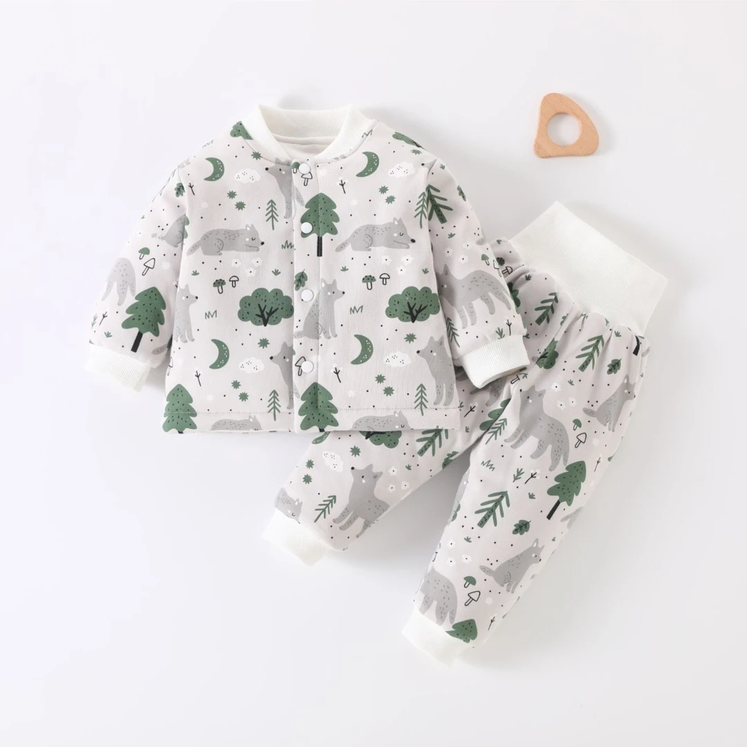 80克婴幼儿纯棉套装男女宝宝高腰护肚对开衣服春秋