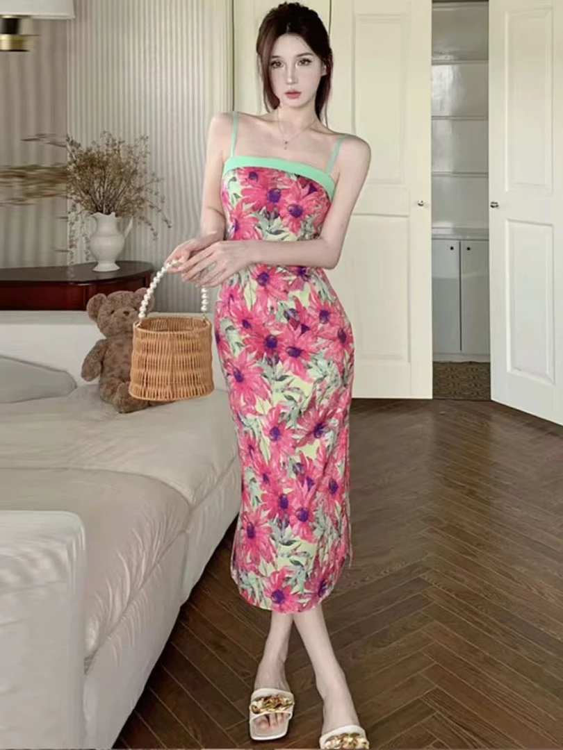 7664 GZ名媛气质轻熟连衣裙夏季新中式减龄碎花抹胸吊带裙子
