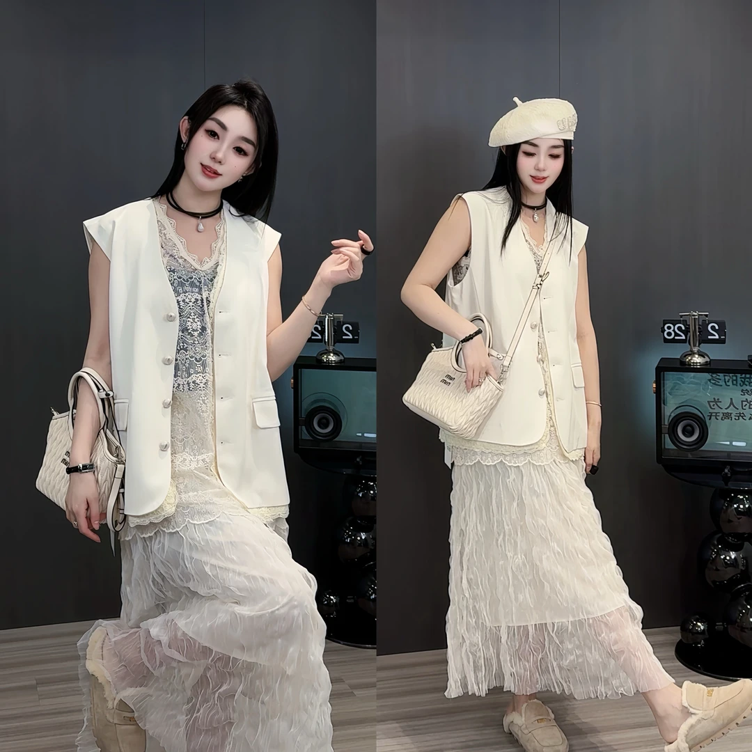 蕾丝拼接单排扣马甲外套高腰直筒长裤套装两件套女2025春季新款