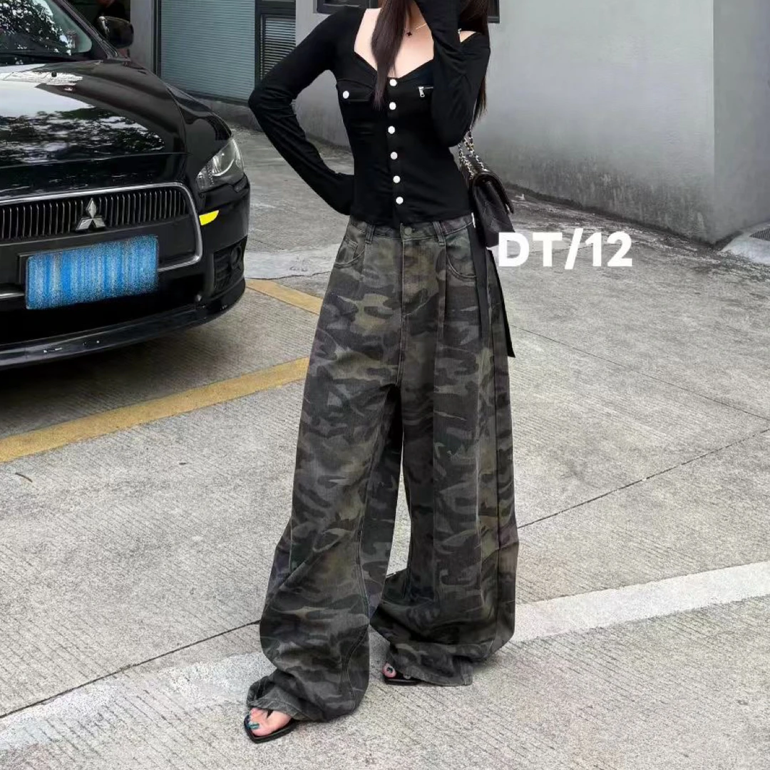 2025嘻哈风高腰宽松显瘦迷彩工装弯刀牛仔裤女秋季新款