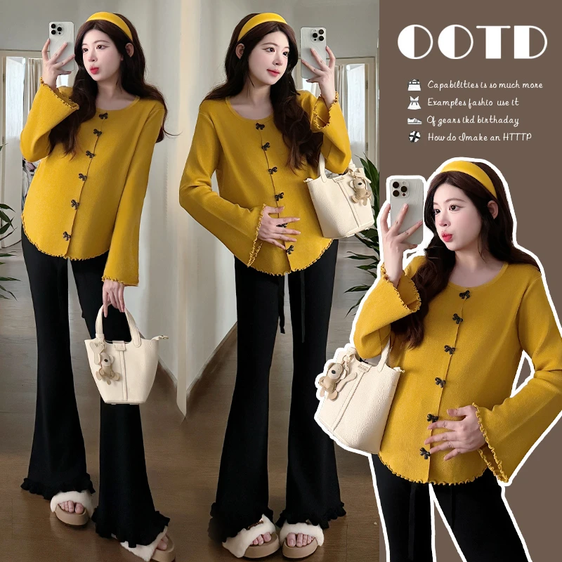 时髦孕妇装新款秋冬新款韩版蝴蝶结长袖上衣显瘦微喇叭孕妇裤套装