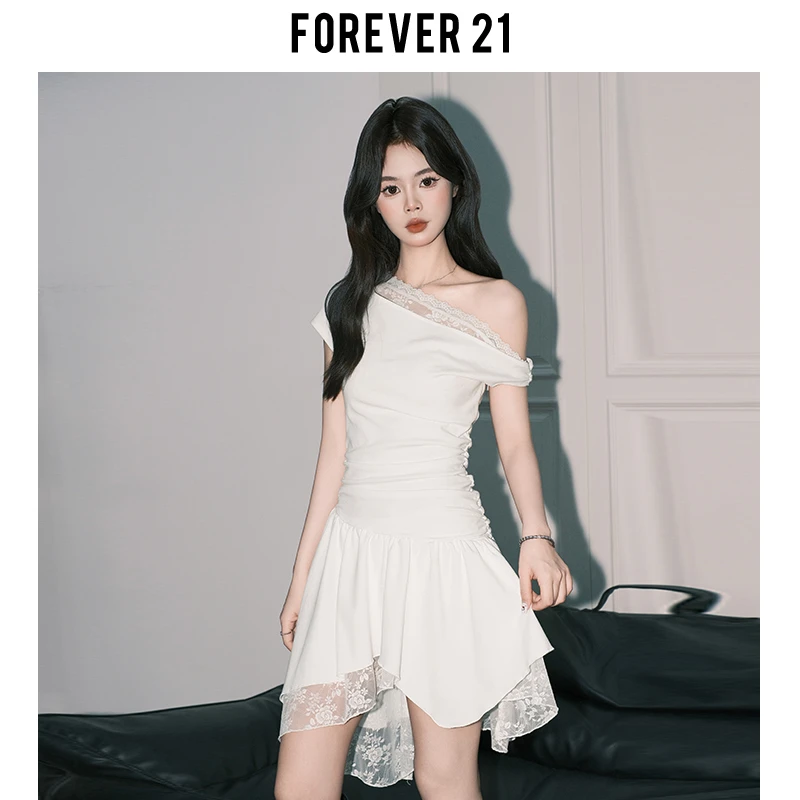 Forever21绝美纯欲蕾丝斜肩连衣裙女法式白色牛仔裤白色连衣裙