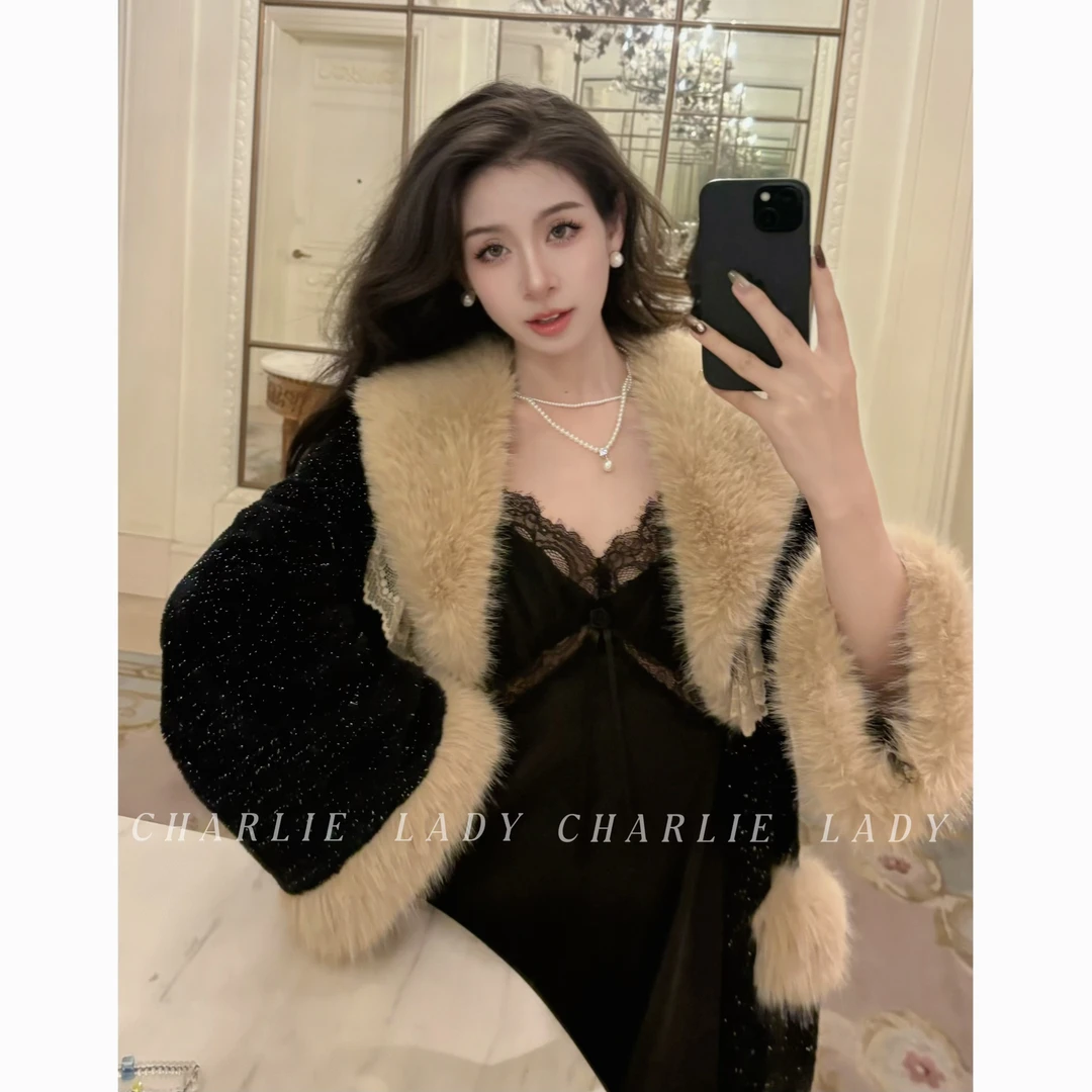 查理夫人【黑夜星光】秋冬新款法式外袍加绒加厚高级气质显瘦