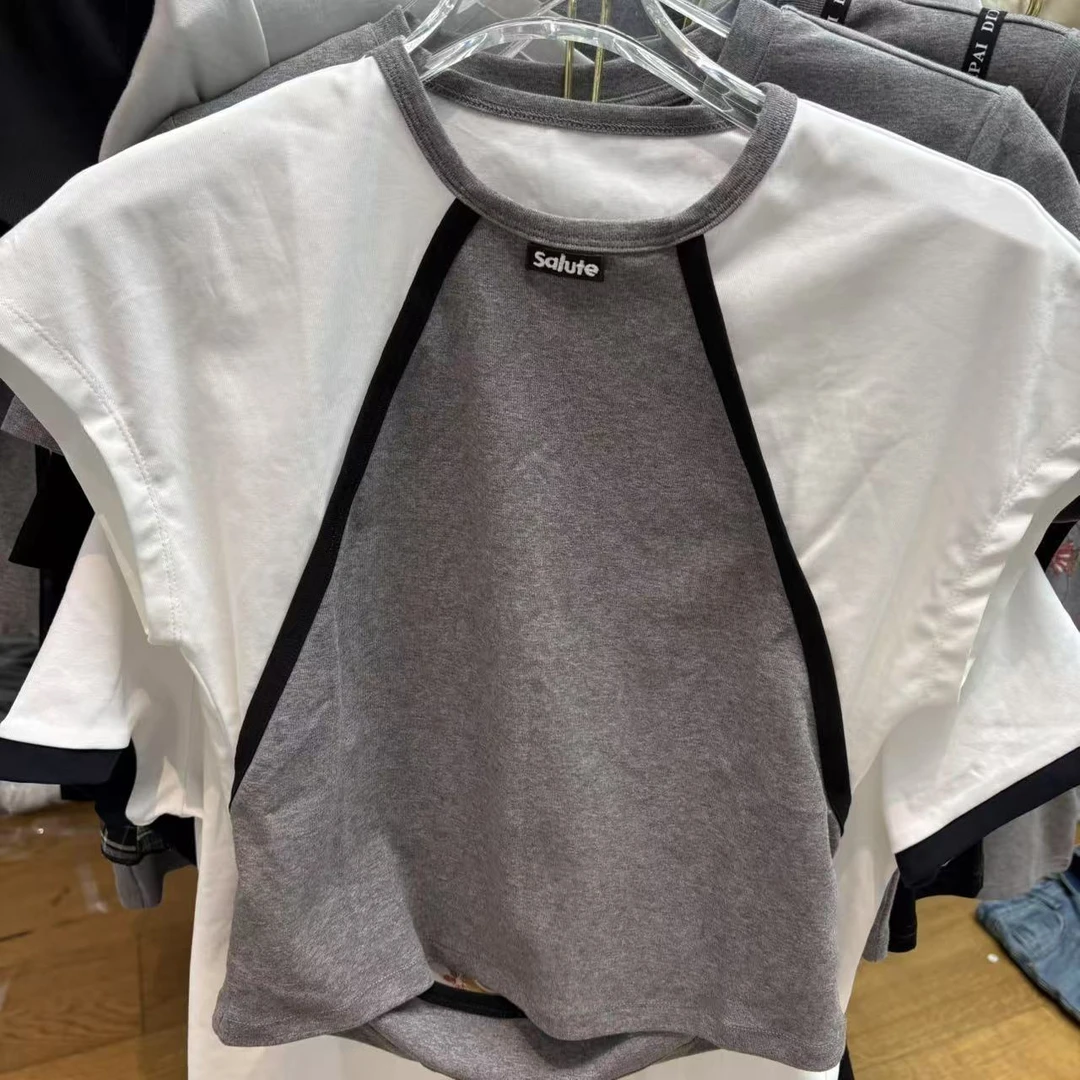 深圳南油高货huan圆领公主袖短袖休闲风法式T恤连体撞色速干拼接