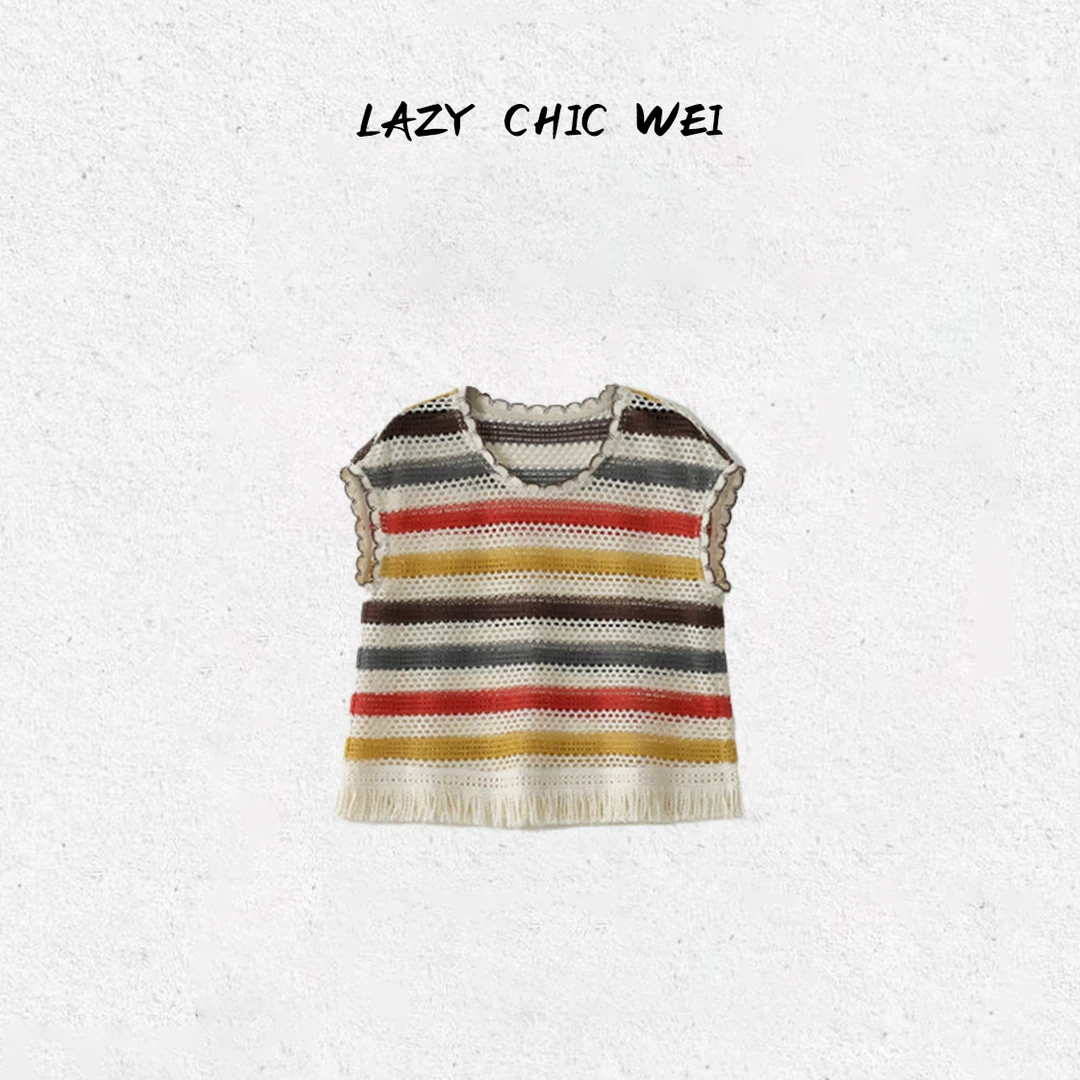 “彩虹糖”100棉彩色镂空流苏下摆针织小衫2505SSW5418