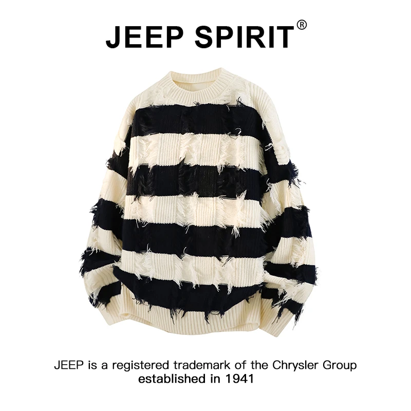 JEEPSPIRIT吉普美式流苏圆领毛衣男款秋季条纹休闲慵懒针织衫上衣