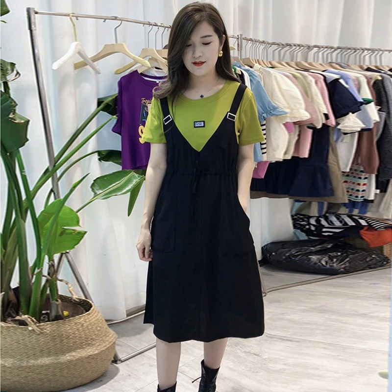 假两件背带连衣裙女2025年夏季新款宽松遮肉显瘦中长款休闲A字裙