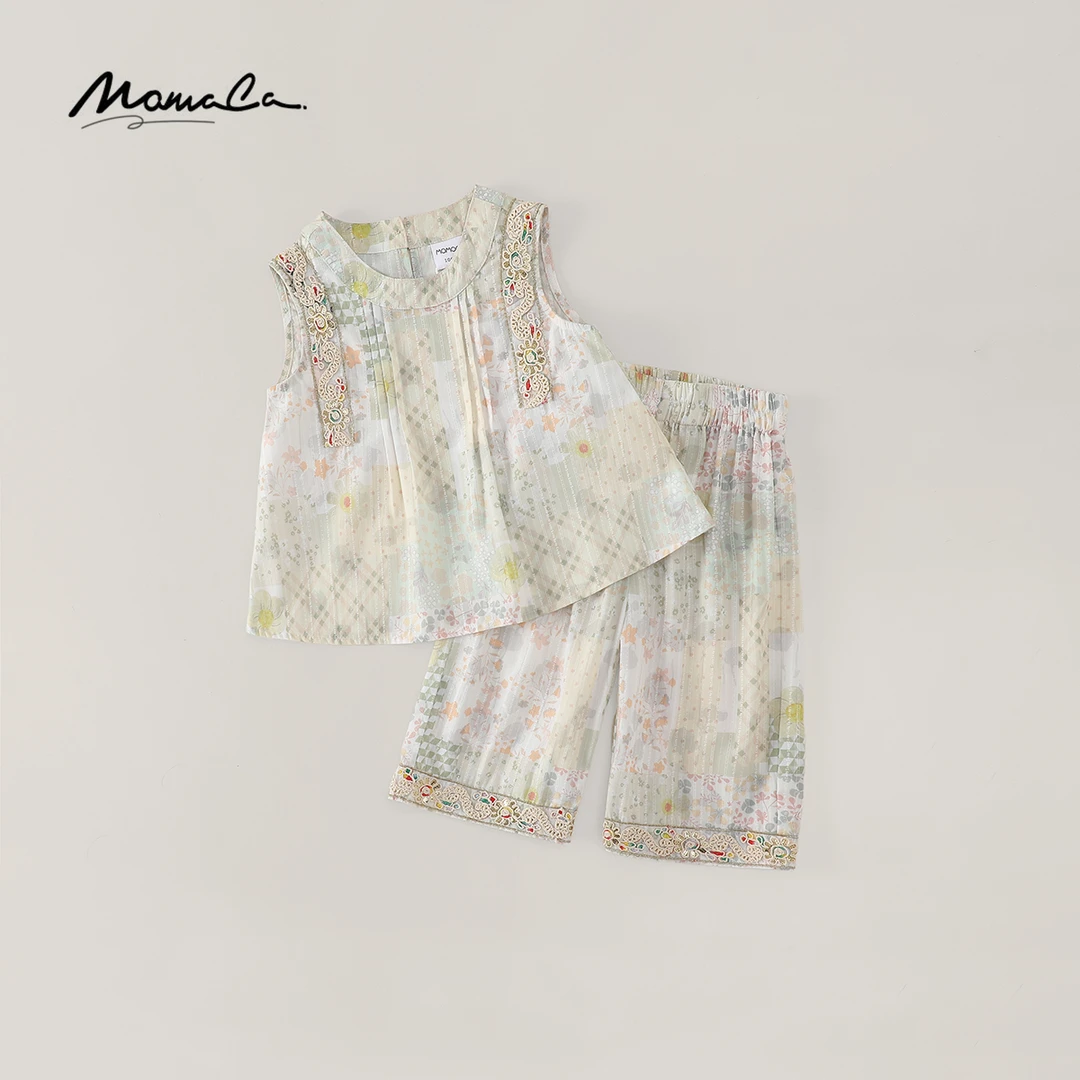 MOMOCO新款夏季女宝洋气复古提花刺绣七分裤休闲套装77630578183