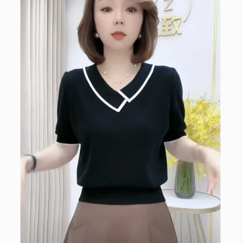 夏季新款冰丝短袖宽松百搭t恤女士V领天丝针织衫遮肉显瘦气质上衣