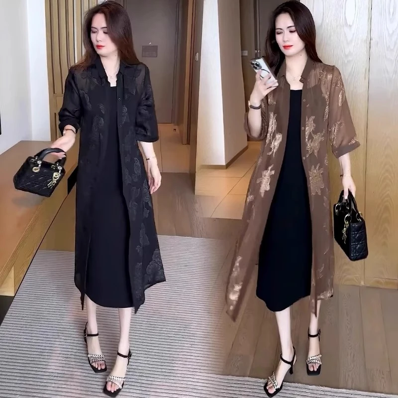 时尚套装女夏季显瘦休闲圆领长袖防晒衬衫上衣连衣裙气质两件套潮