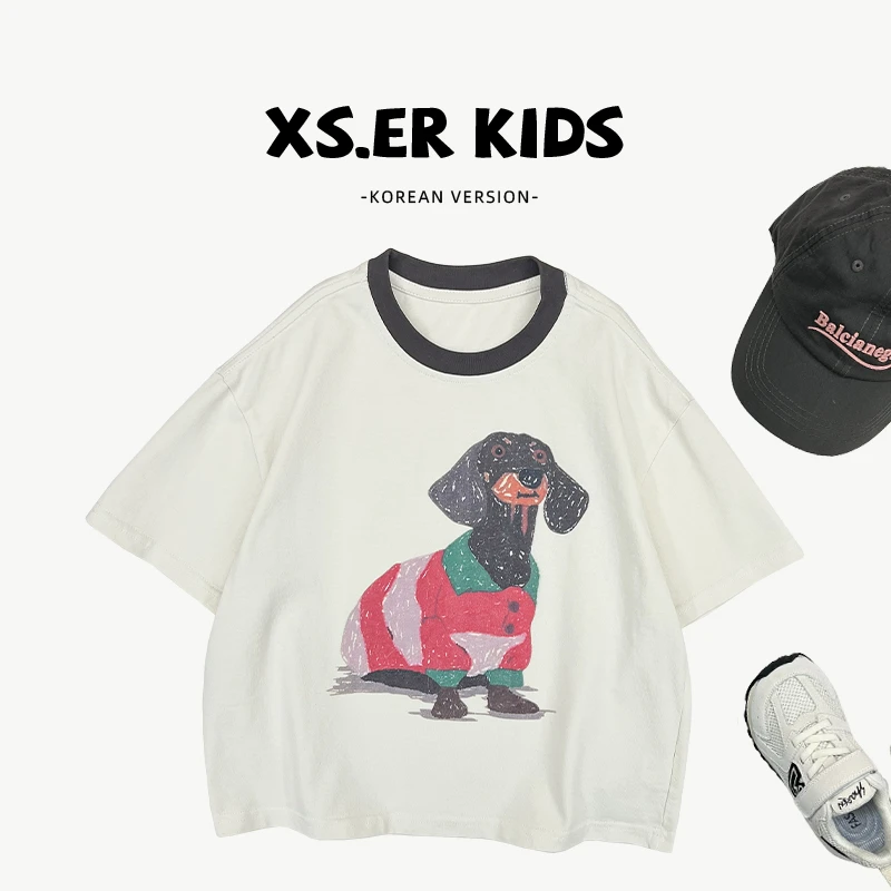 【兔小呗】儿童夏季时韩版简约洋气撞色卡通印花短袖T恤上衣HBB7354